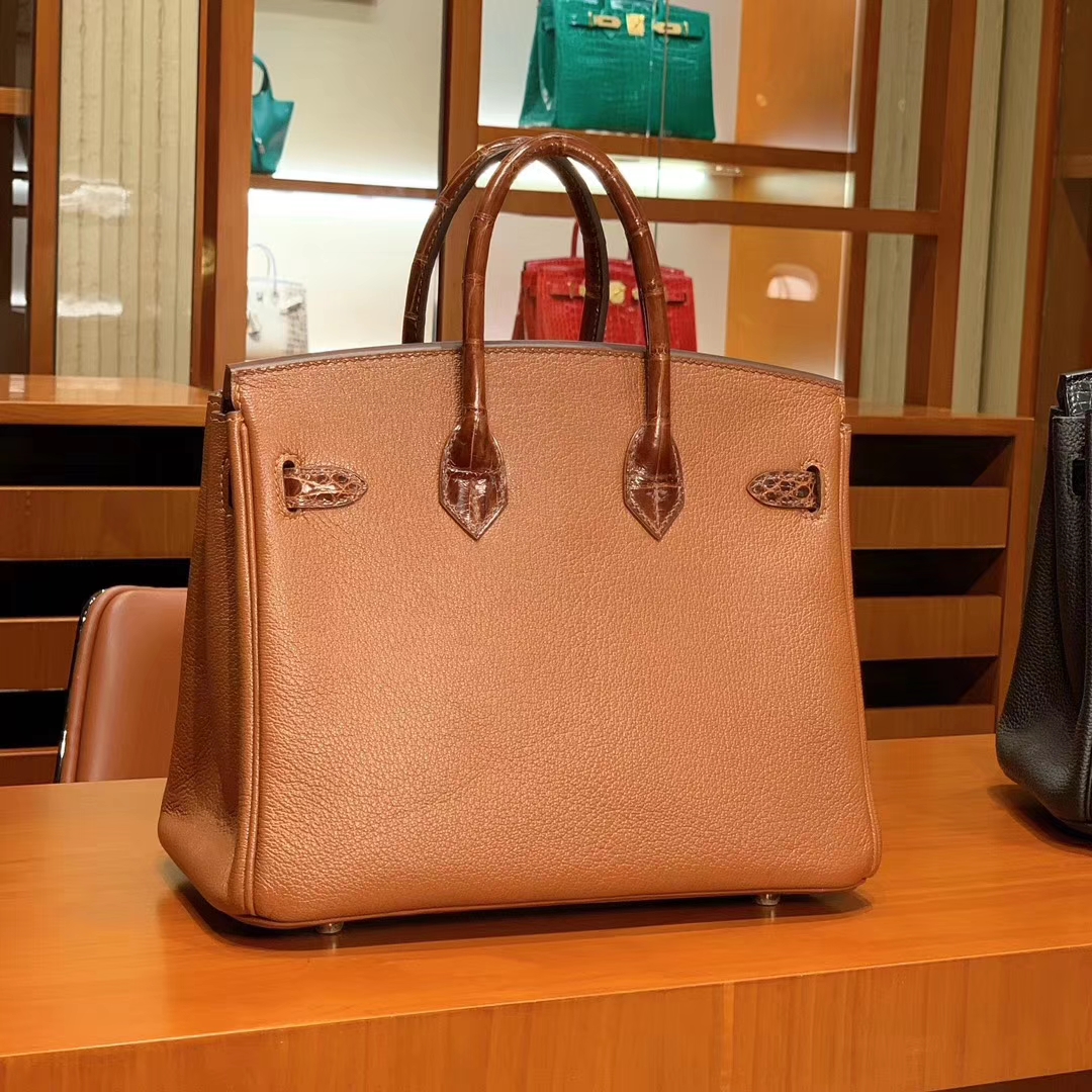 HERMES 爱马仕 Birkin 25/30 Togo 拼鳄鱼皮 金棕色 配专柜全套包装