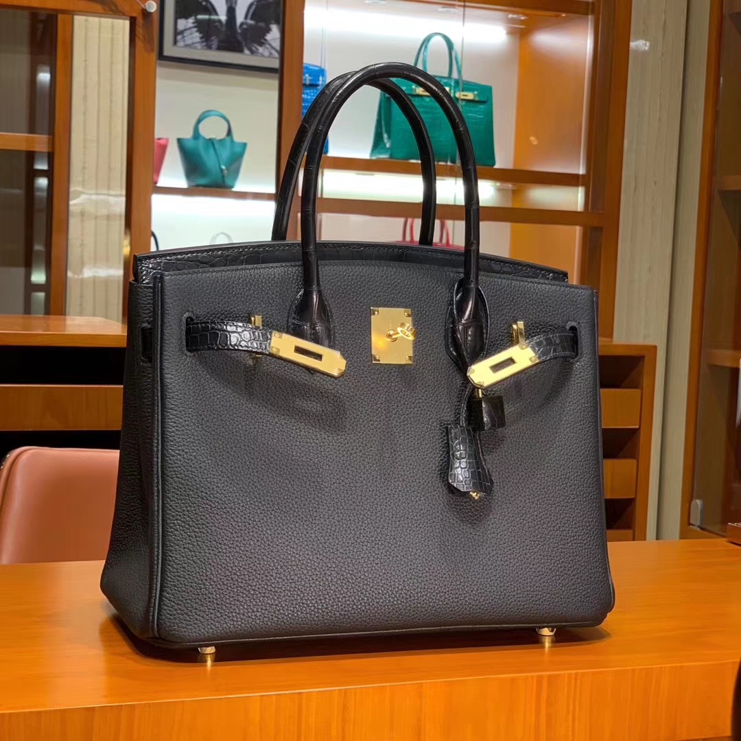 HERMES 爱马仕 Birkin 25/30 Togo 拼鳄鱼皮 黑色 配专柜全套包装