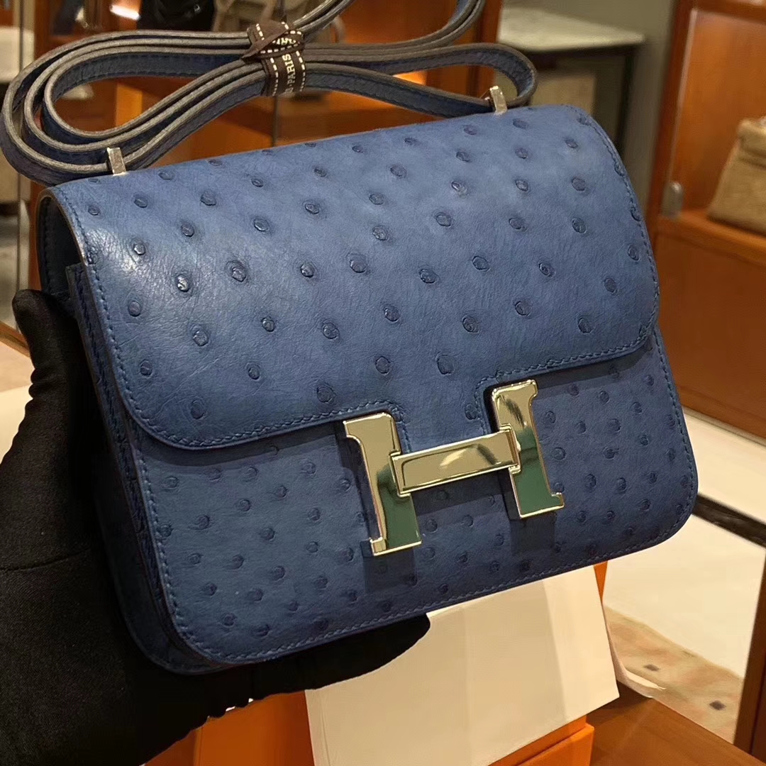 HERMES Constance 19CM 24CM 鸵鸟皮 现货 风暴蓝