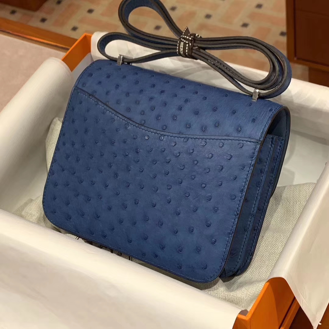HERMES Constance 19CM 24CM 鸵鸟皮 现货 风暴蓝
