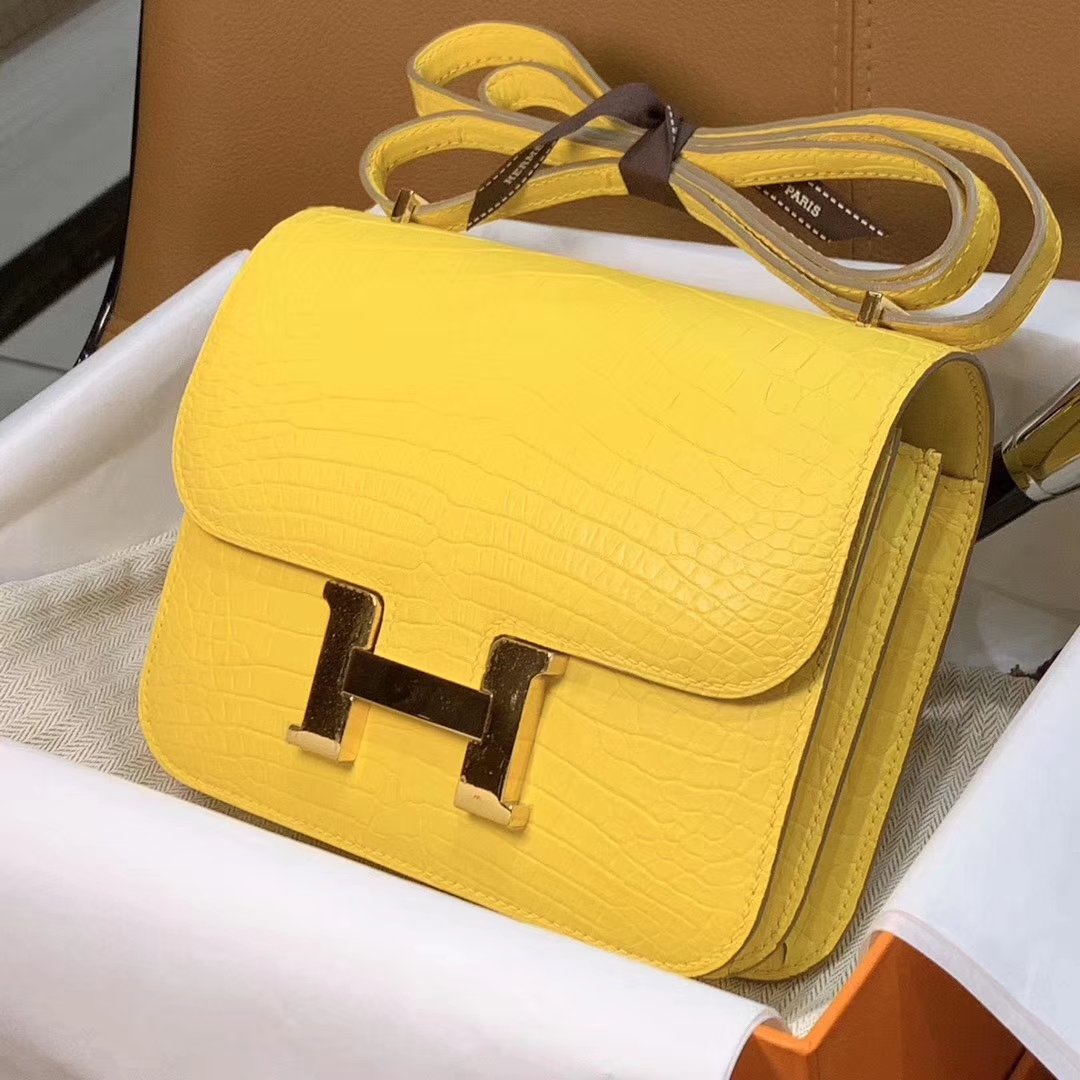 爱马仕 HERMES 空姐包 Constanc 19/23cm 柠檬黄 鳄鱼皮 配全套专柜原包装