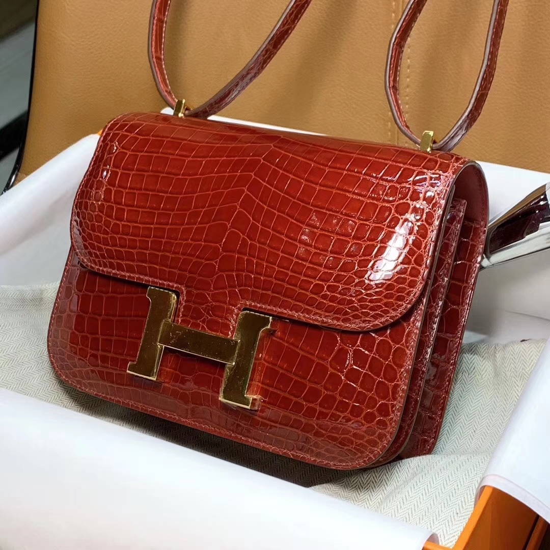 爱马仕 HERMES 空姐包 Constanc 19/23cm 波尔多酒红 鳄鱼皮 配全套专柜原包装