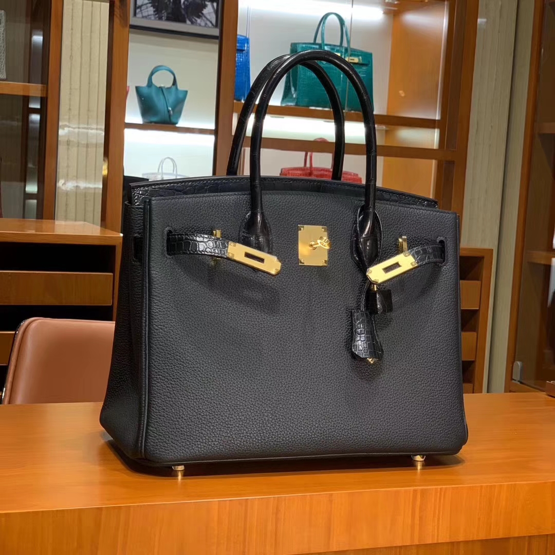 HERMES 爱马仕 Birkin 25/30 Togo 拼鳄鱼皮 黑色 配专柜全套包装