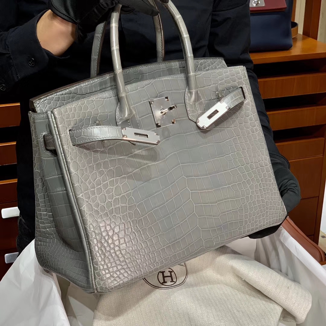 HERMES 爱马仕 铂金包 Birkin 原厂鳄鱼 纯手工 灰色 配专柜全套包装