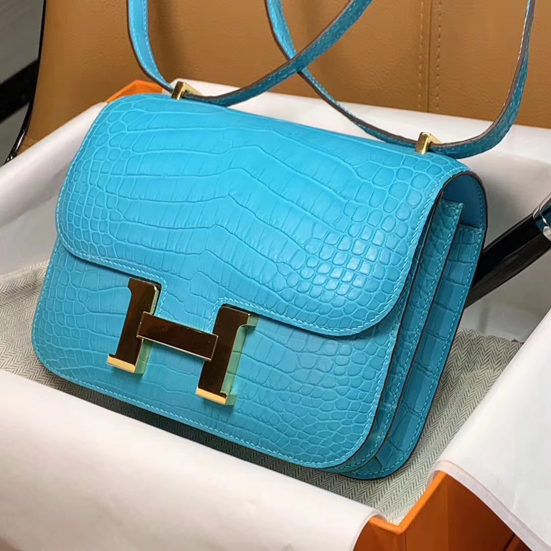 爱马仕 HERMES 空姐包 Constanc 19/23cm 蓝色 鳄鱼皮 配全套专柜原包装