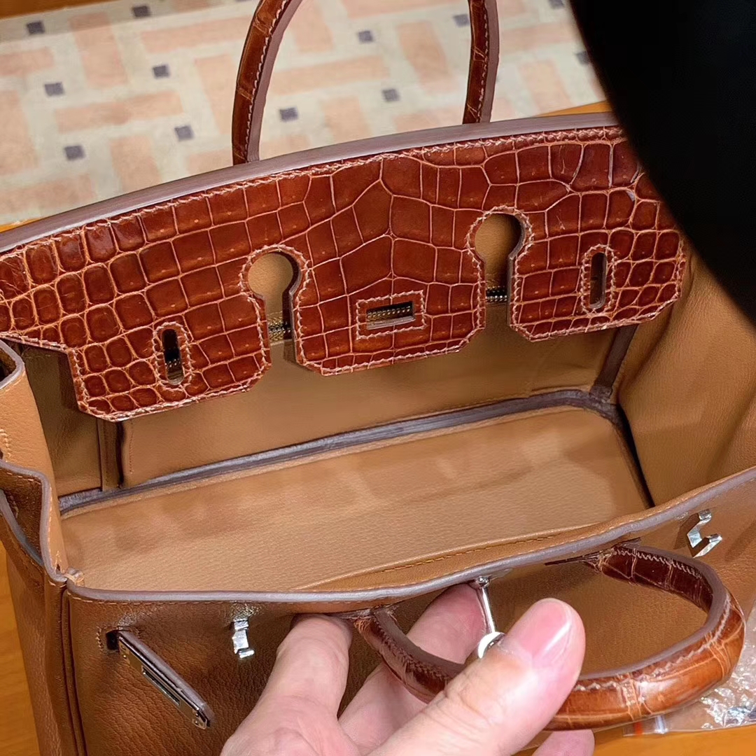 HERMES 爱马仕 Birkin 25/30 Togo 拼鳄鱼皮 金棕色 配专柜全套包装