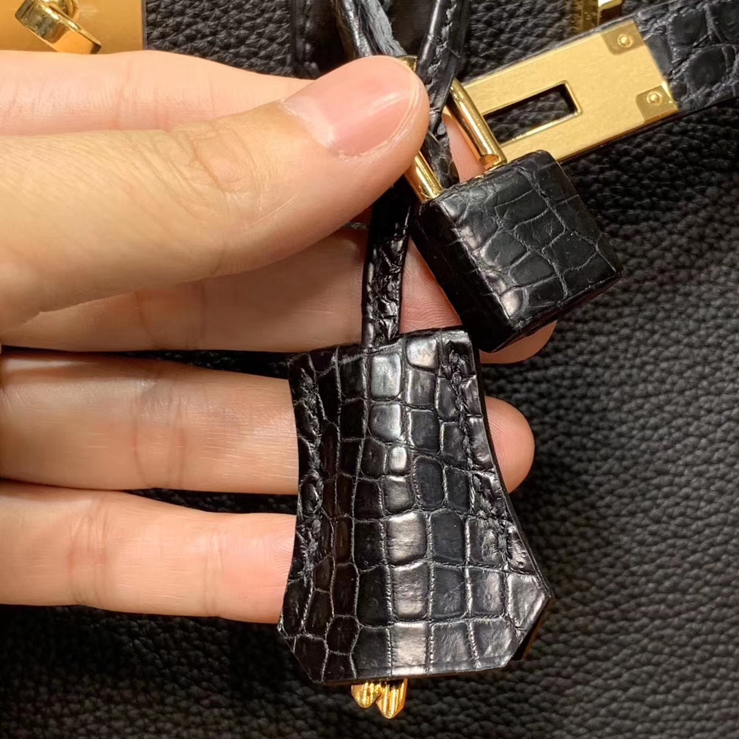 HERMES 爱马仕 Birkin 25/30 Togo 拼鳄鱼皮 黑色 配专柜全套包装
