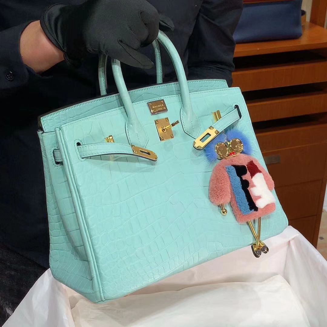 HERMES 爱马仕 铂金包 Birkin 原厂鳄鱼 纯手工 天空蓝 金扣 配专柜全套包装