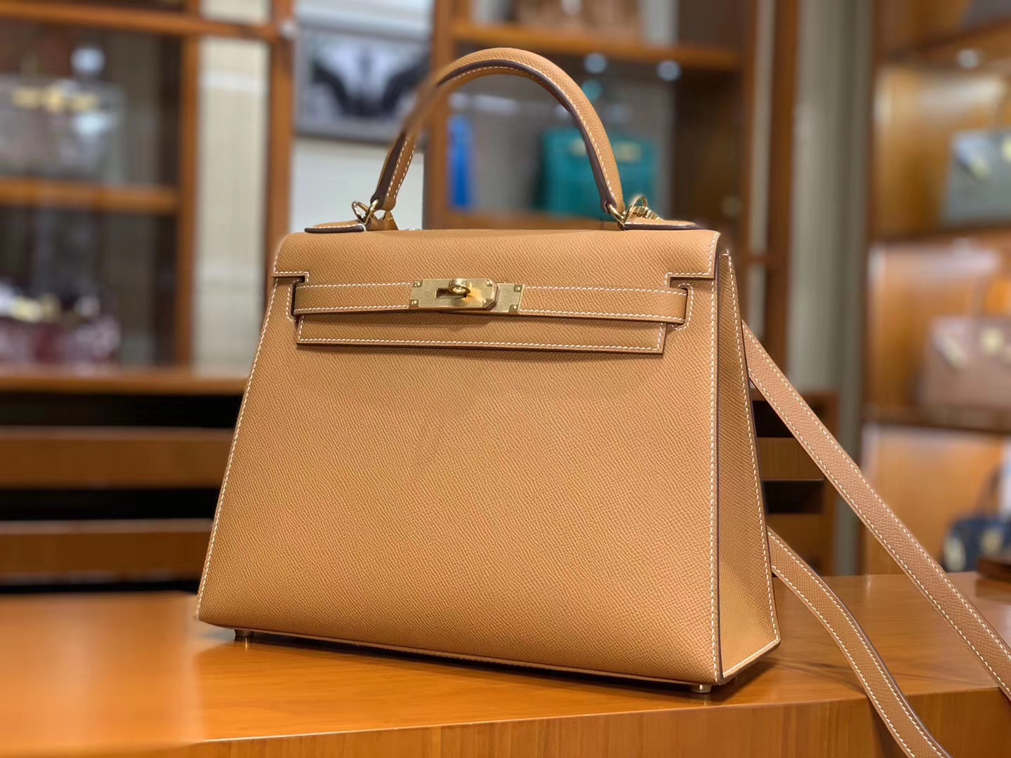 HERMES 爱马仕 凯莉包 Kelly 纯手工 金棕色 Epsom 配专柜全套包装