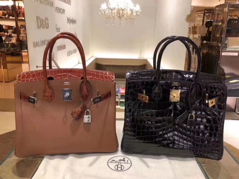 HERMES 爱马仕 Birkin 铂金包 Togo/Croco 拼鳄鱼 焦糖色  完美的搭配 黑色鳄鱼全皮