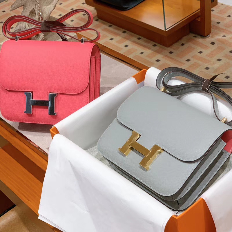 爱马仕 HERMES 空姐包 Constanc 19/23cm  海鸥灰 桃粉色