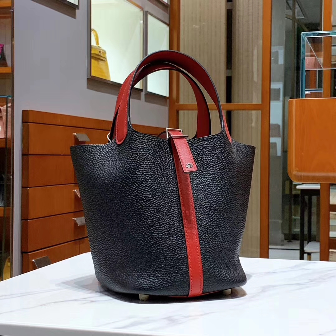 HERMES 爱马仕 菜篮子 Picotin 纯手工 Clemence皮 黑色拼大红