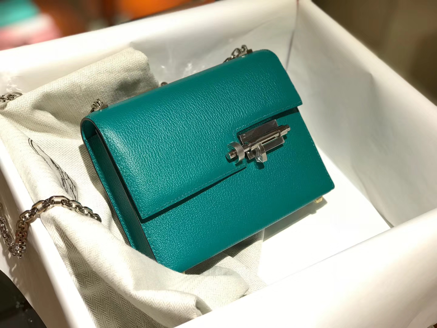 HERMES Verrou 18cm 山羊皮 孔雀绿