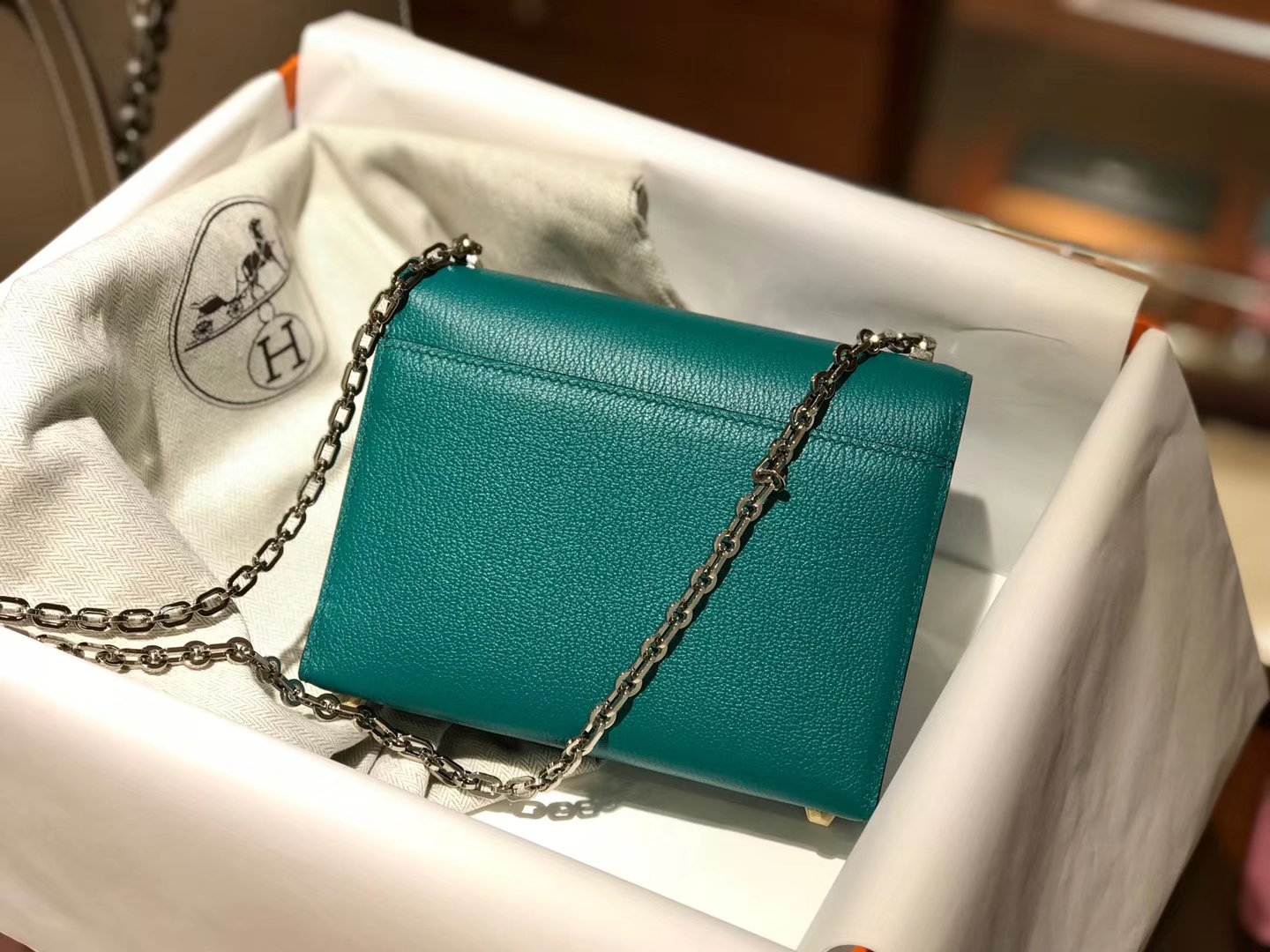 HERMES Verrou 18cm 山羊皮 孔雀绿