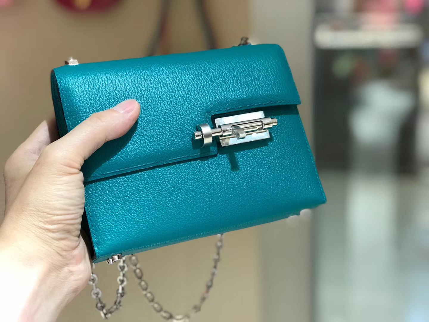 HERMES Verrou 18cm 山羊皮 孔雀绿