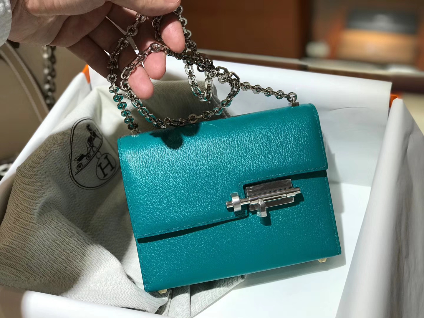 HERMES Verrou 18cm 山羊皮 孔雀绿