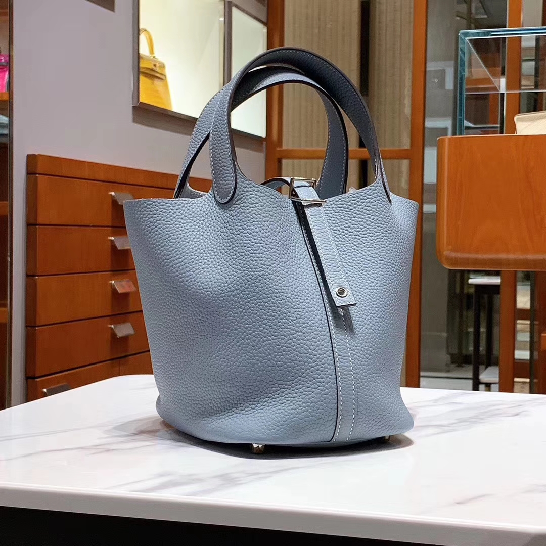 HERMES 爱马仕 菜篮子 Picotin 纯手工 Clemence皮 亚麻蓝