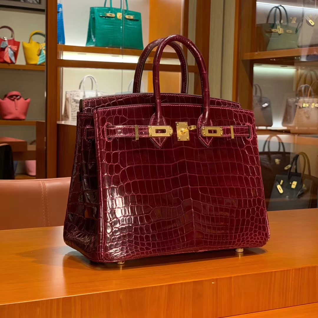爱马仕 HERMES Birkin 25/30 高光 波尔多酒红 鳄鱼皮