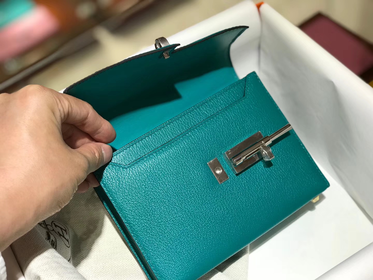 HERMES Verrou 18cm 山羊皮 孔雀绿