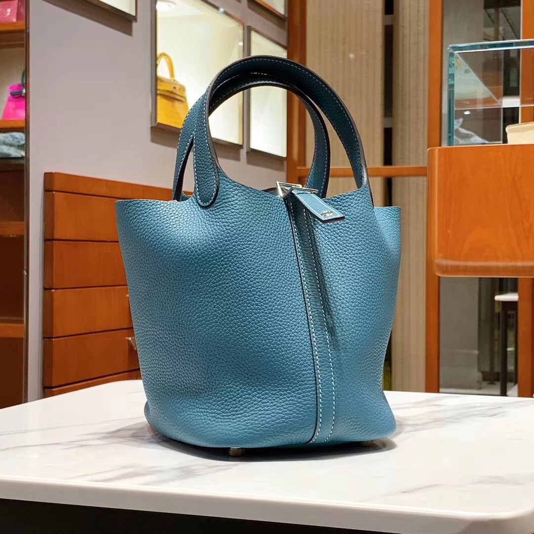HERMES 爱马仕 菜篮子 Picotin 纯手工 Clemence皮 松石绿