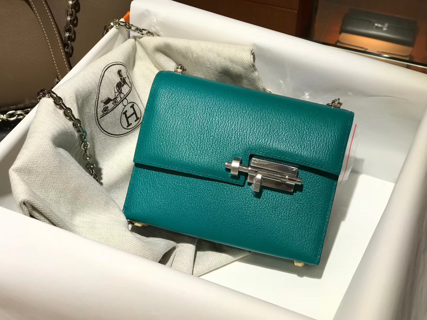 HERMES Verrou 18cm 山羊皮 孔雀绿