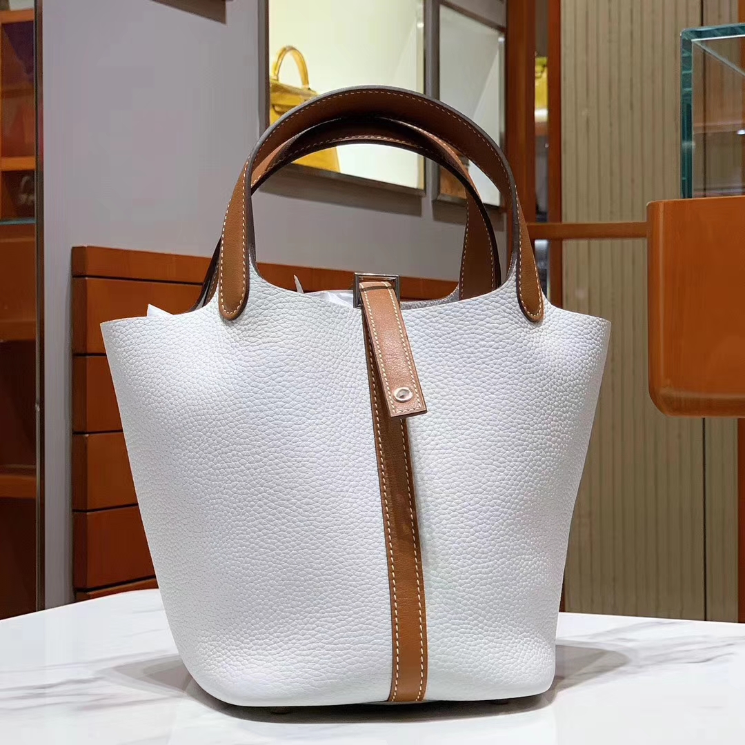 HERMES 爱马仕 菜篮子 Picotin 纯手工 Clemence皮  白色拼焦糖