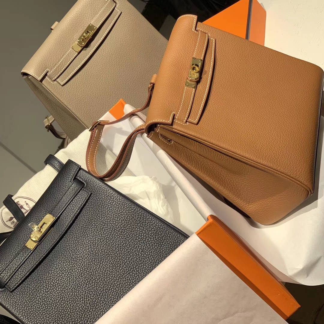 Hermes 黑色 大象灰 金棕色 银扣 Kellyado背包 原厂皮