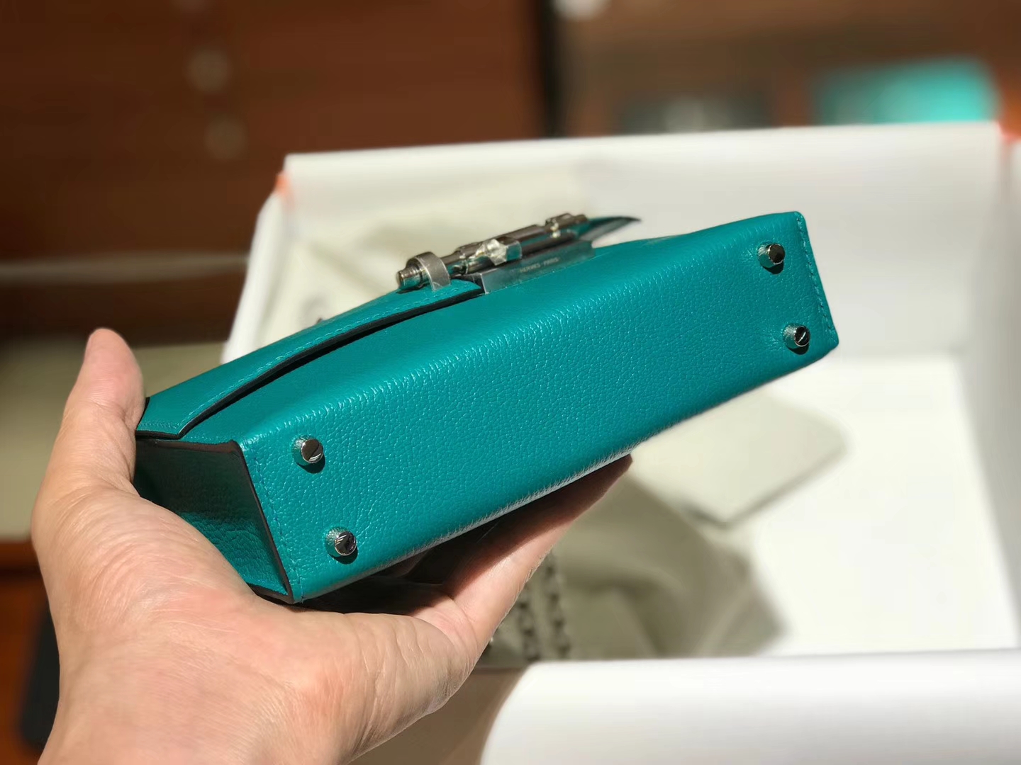 HERMES Verrou 18cm 山羊皮 孔雀绿