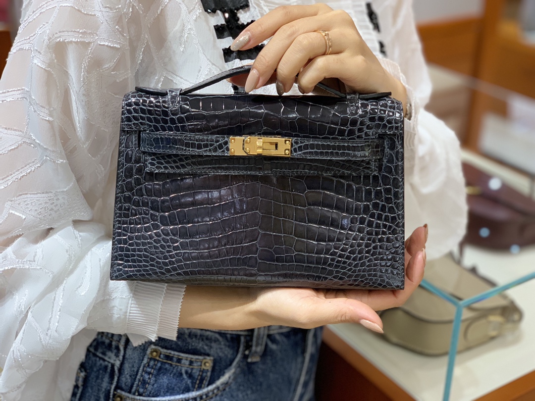 HERMES 爱马仕女包批发 Mini Kelly 22cm 铅笔灰  现货 原厂鳄鱼皮