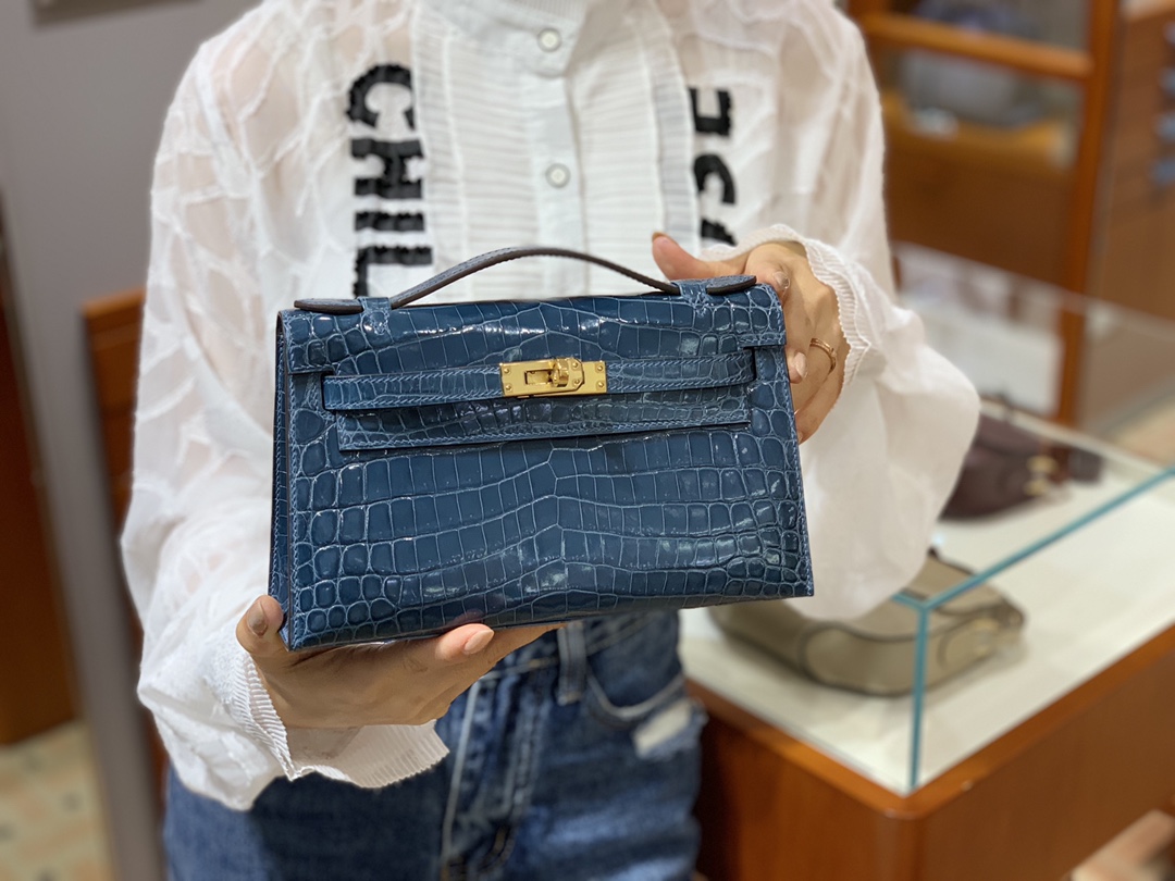 HERMES 爱马仕女包批发 Mini Kelly 22cm 鸭子蓝 现货 原厂鳄鱼皮