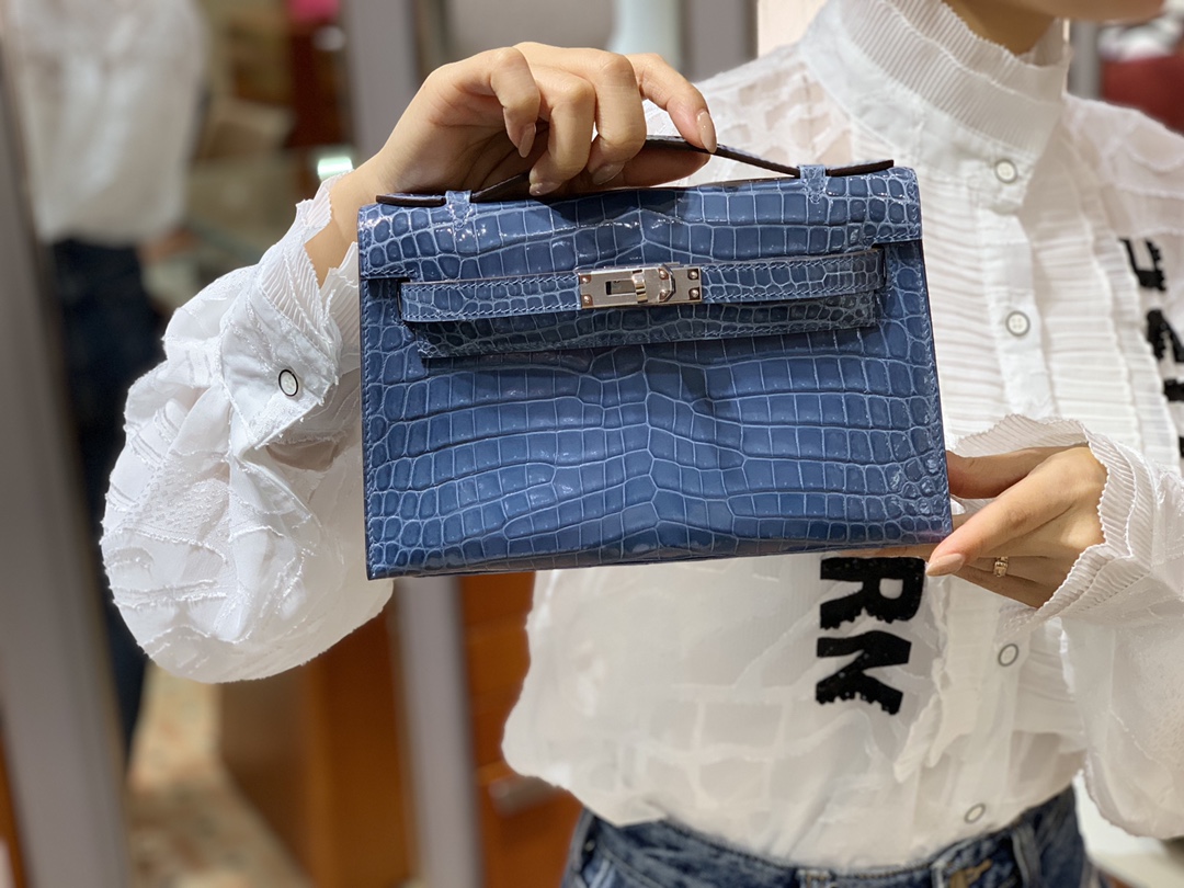 HERMES 爱马仕女包批发 Mini Kelly 22cm 风暴蓝 现货 原厂鳄鱼皮