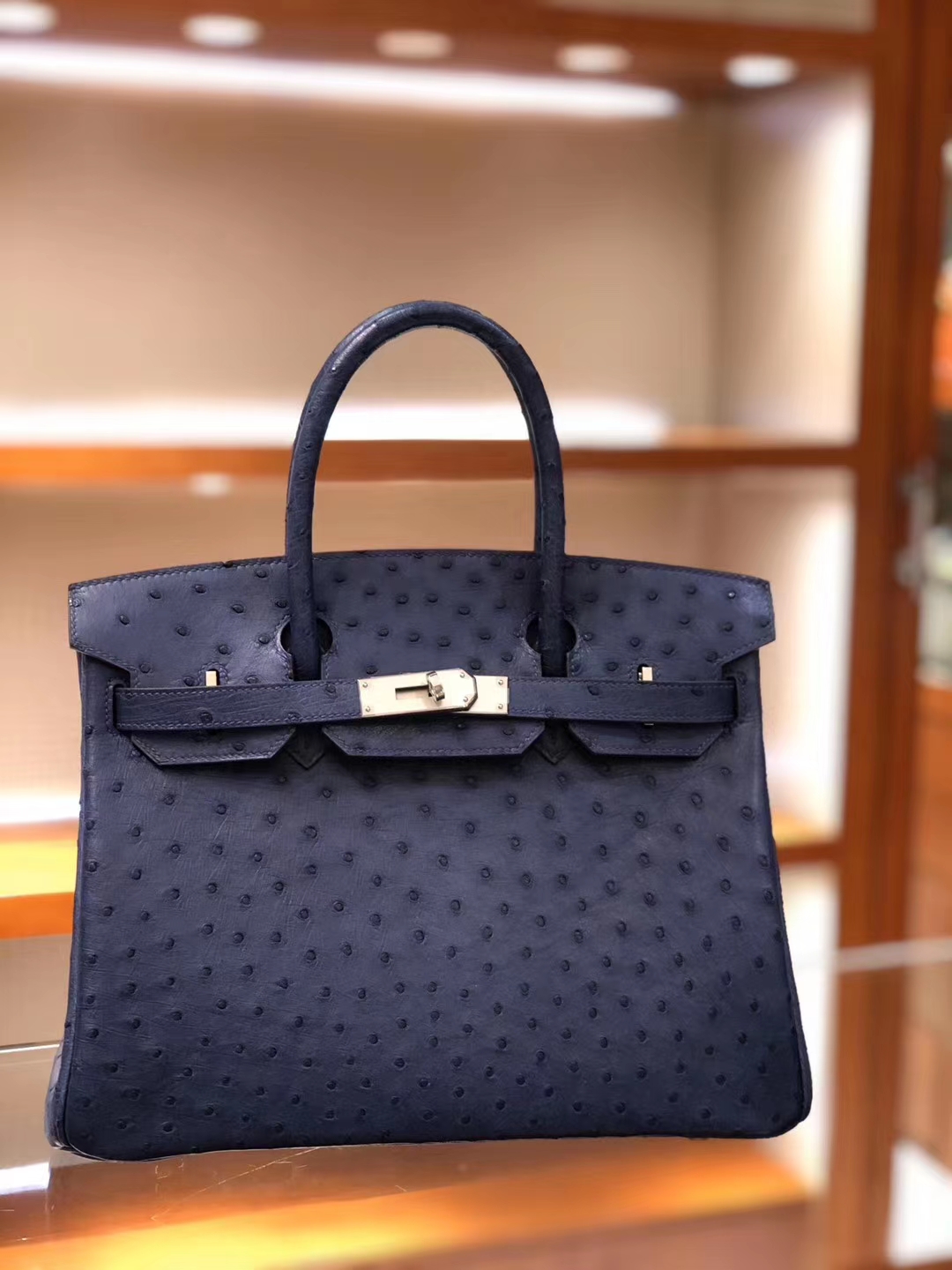 仕女包多少钱  Ostrich 鸵鸟皮 金银扣 纹路清晰 手感超级好 完胜正品 Birkin 25/30CM 深蓝色