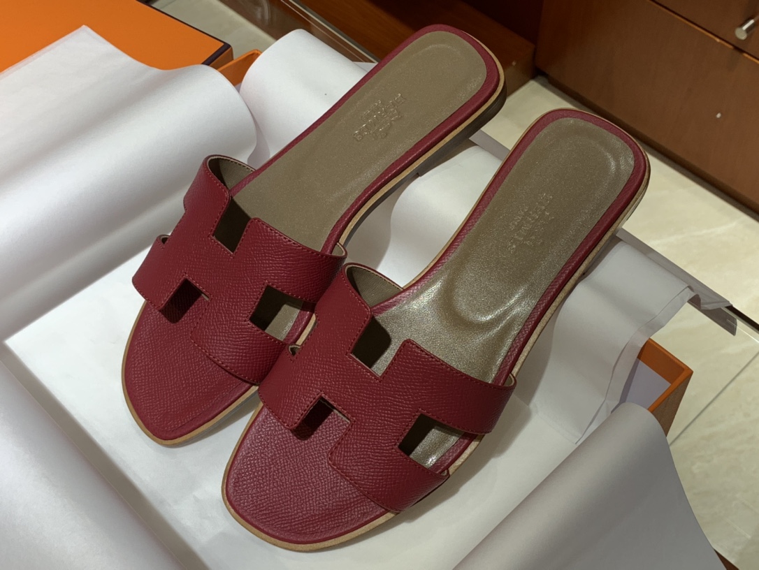 H经典款拖鞋  高端订制  独家品质  平底35~41 高跟35~41(跟高4cm) 酒红色 (掌纹)