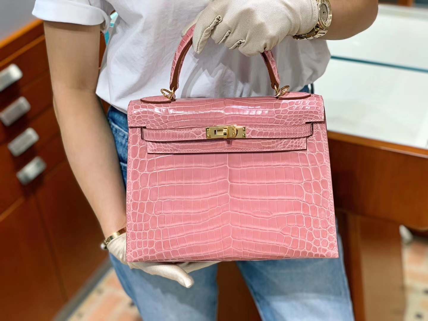 Kelly 极品 高光鳄鱼皮 好品相 粉色
