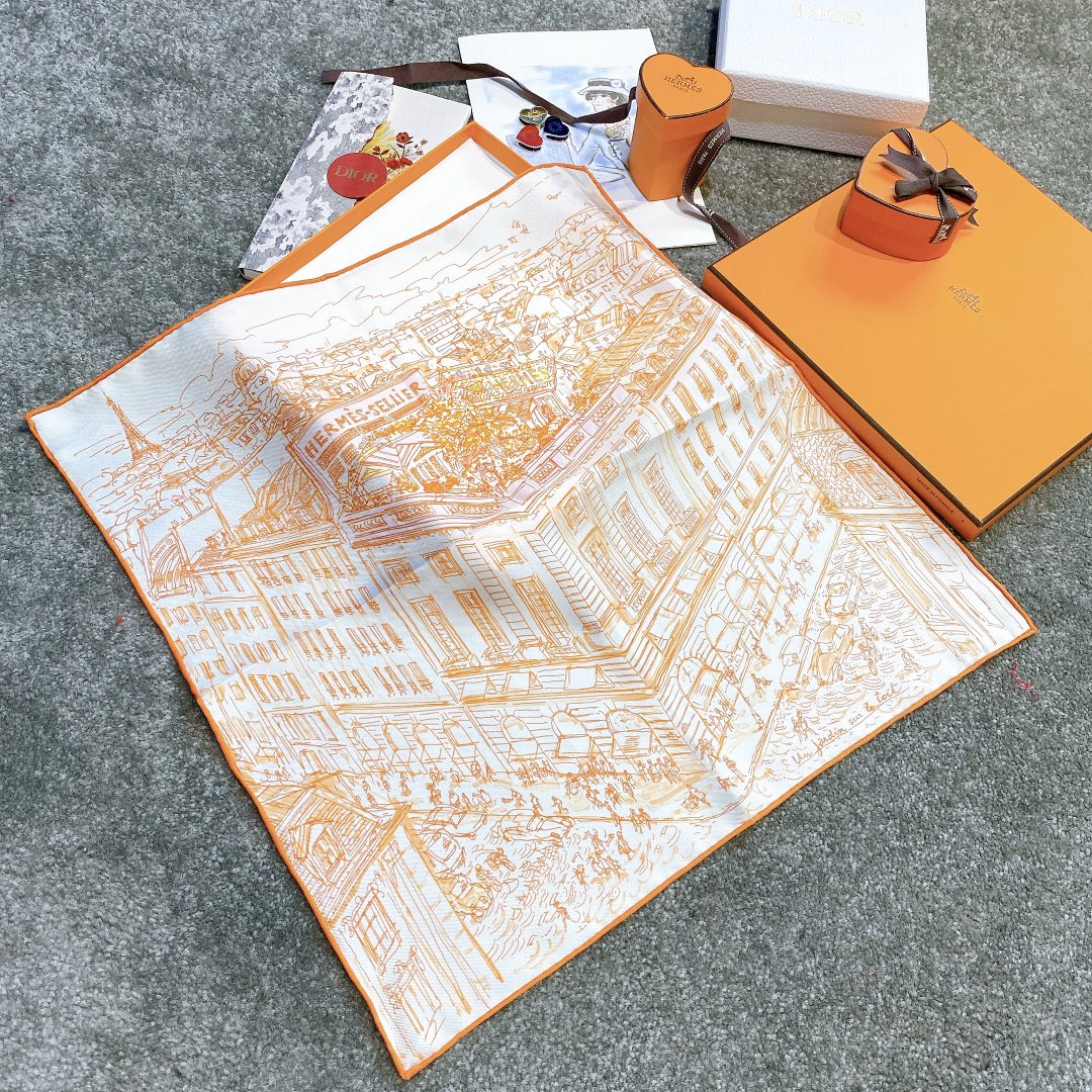 HERMES 《屋顶花园》45x45cm 小方巾 橙色