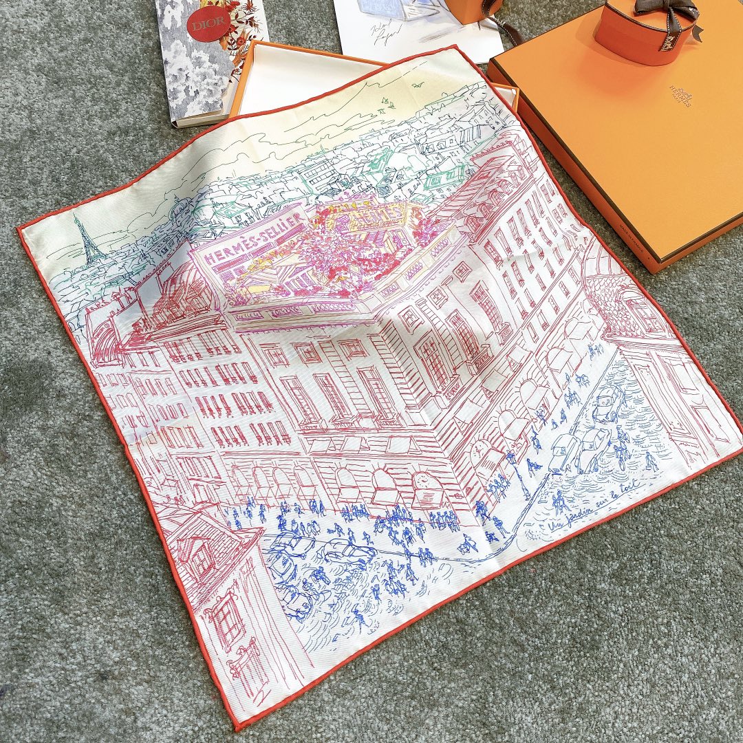 HERMES 《屋顶花园》45x45cm 小方巾 红色
