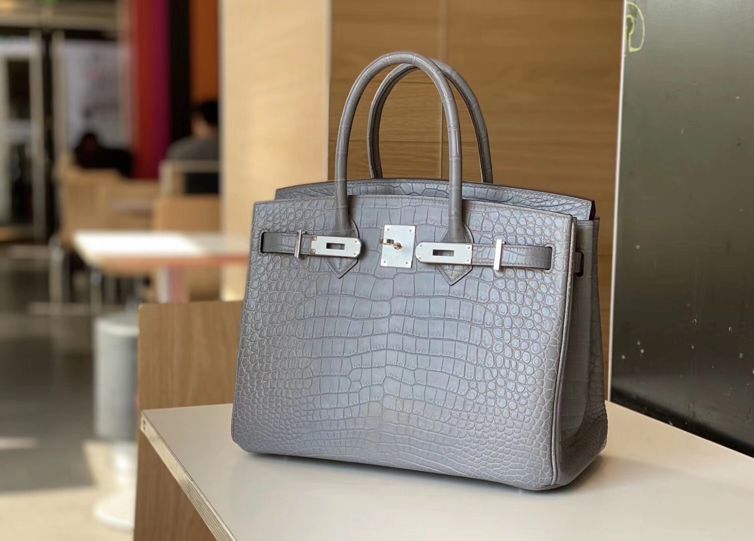 HERMES 爱马仕 铂金包 Birkin 爱马仕官网现货 Bk 25海鸥灰光鳄鱼皮 海鸥灰