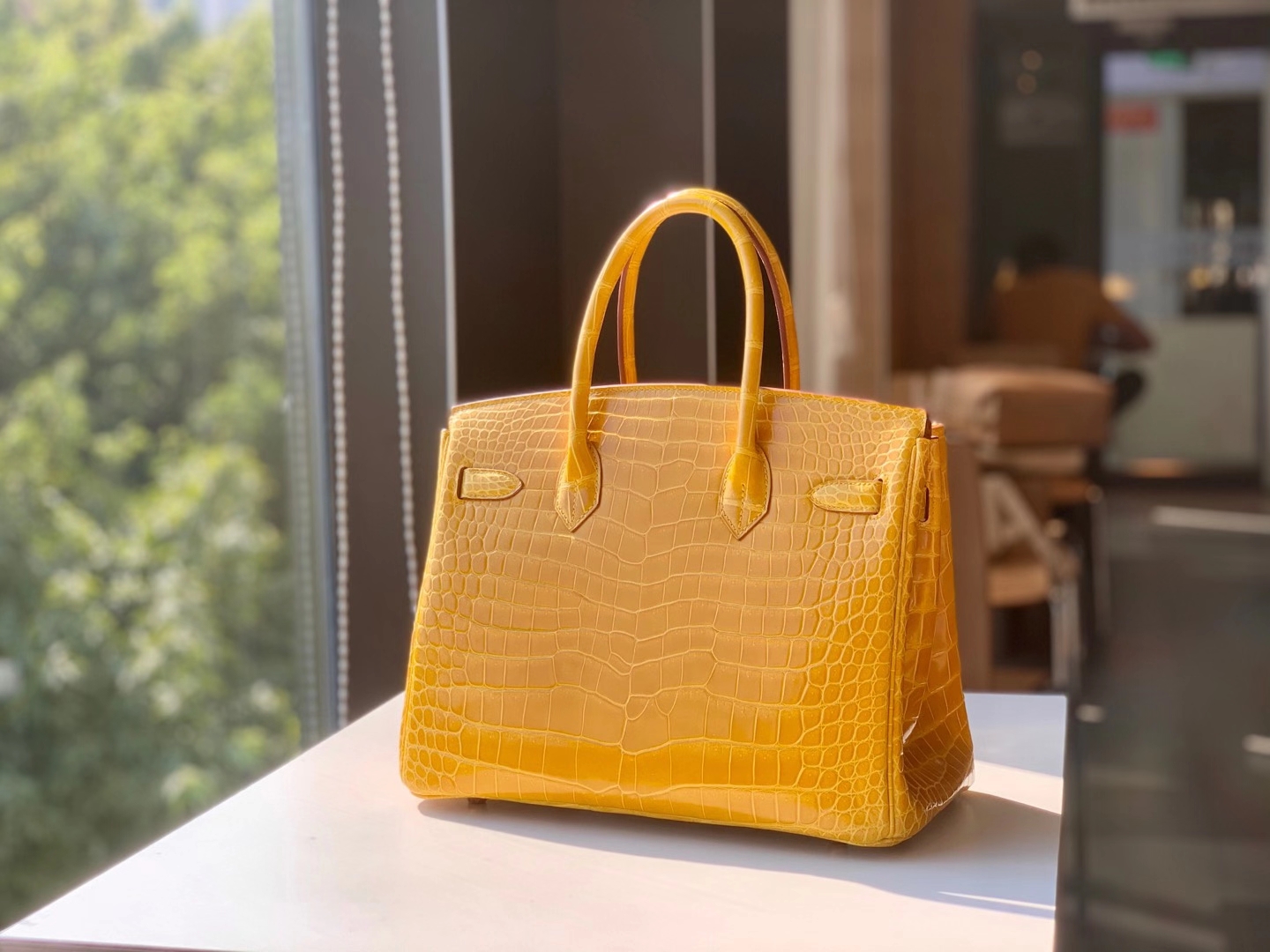 HERMES 爱马仕 铂金包 Birkin  爱马仕官网现货 Bk 25高光鳄鱼皮 琥珀黄