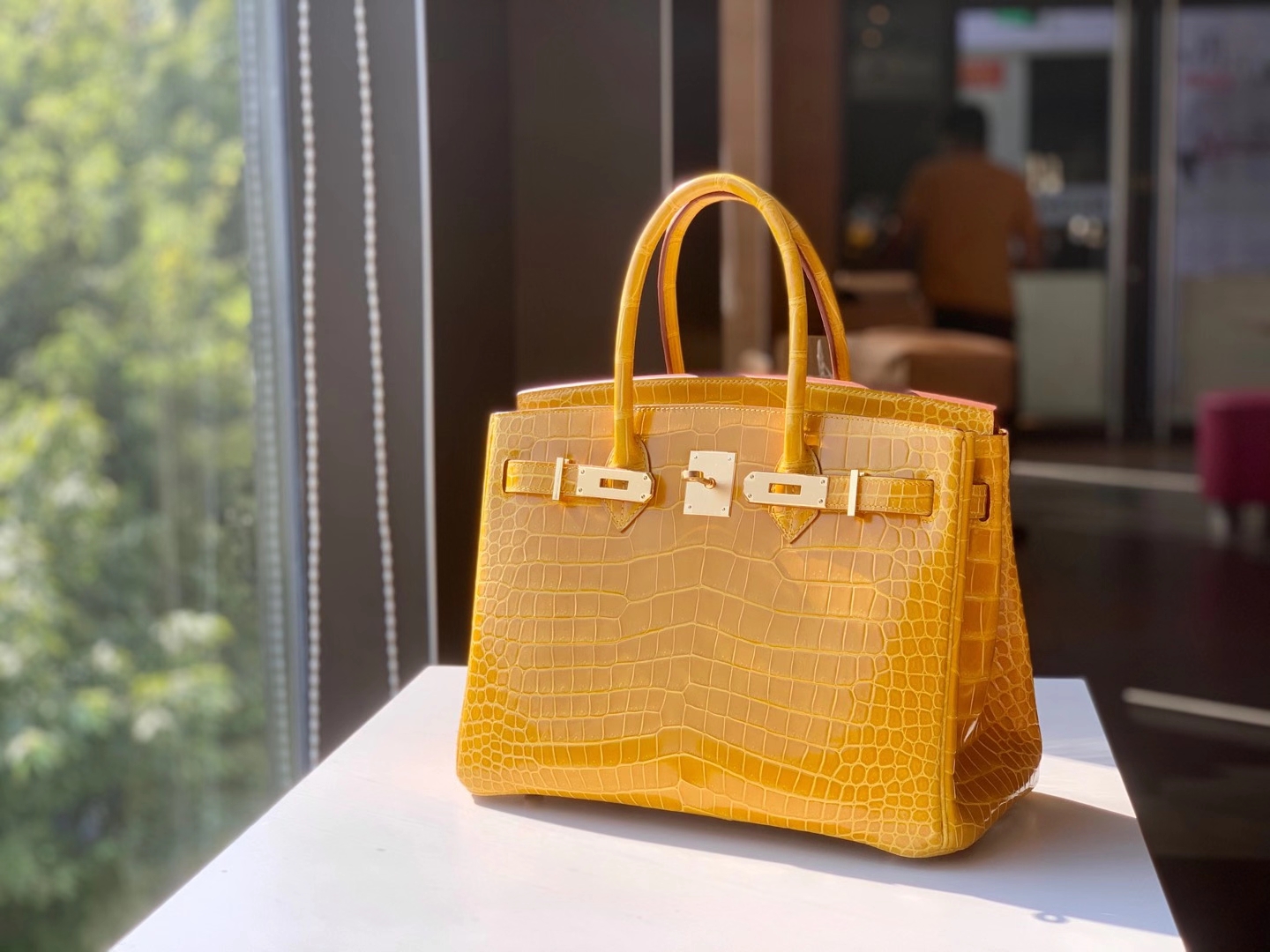 HERMES 爱马仕 铂金包 Birkin  爱马仕官网现货 Bk 25高光鳄鱼皮 琥珀黄