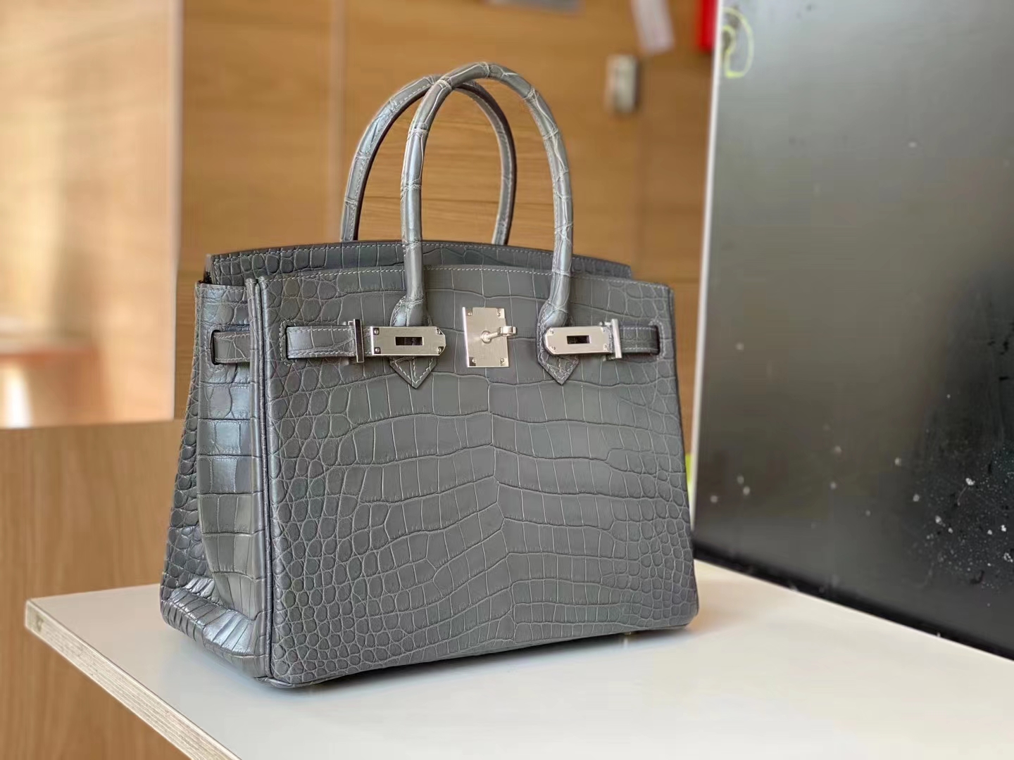 HERMES 爱马仕 铂金包 Birkin 爱马仕官网现货 Bk 25海鸥灰光鳄鱼皮 海鸥灰