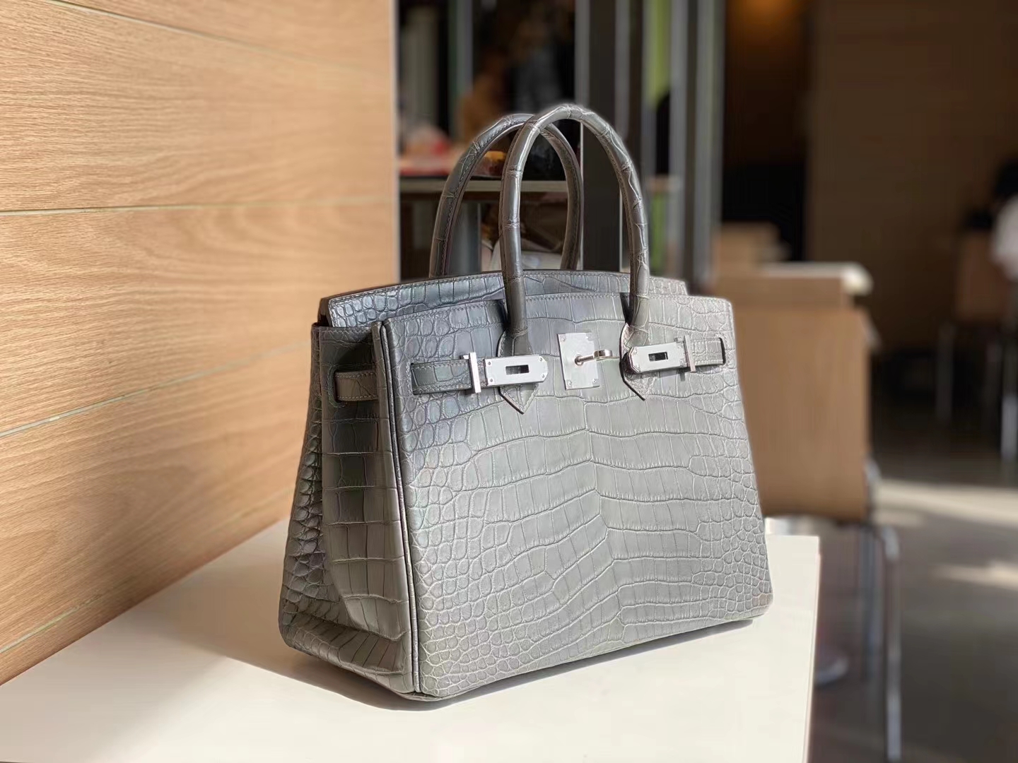 HERMES 爱马仕 铂金包 Birkin 爱马仕官网现货 Bk 25海鸥灰光鳄鱼皮 海鸥灰