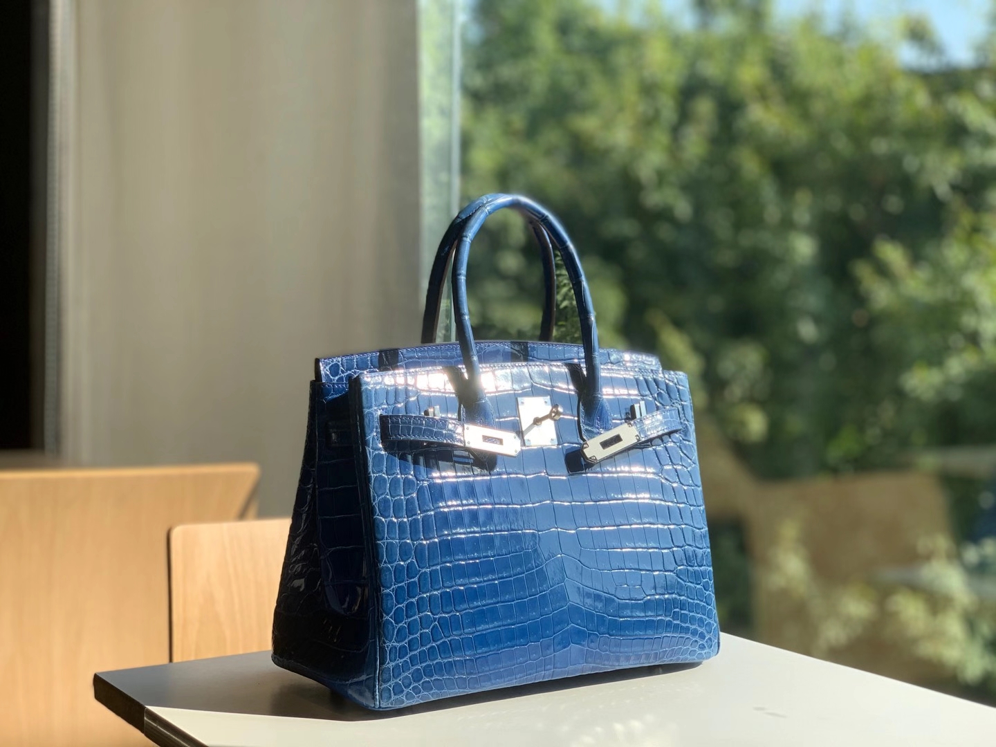 HERMES 爱马仕 铂金包 Birkin  爱马仕官网现货 Bk 25高光鳄鱼皮 鸭子蓝