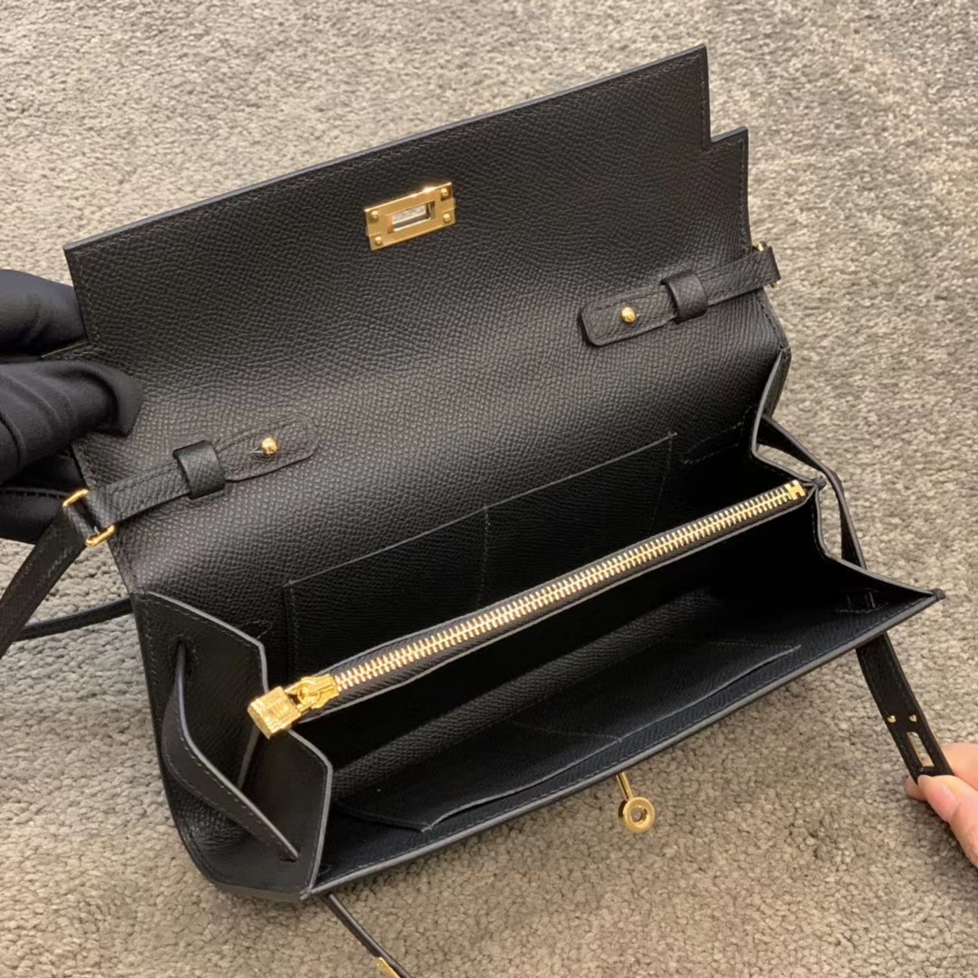 HERMES Kelly Classique To Go 长肩带钱包 Epsom皮 黑金 现货