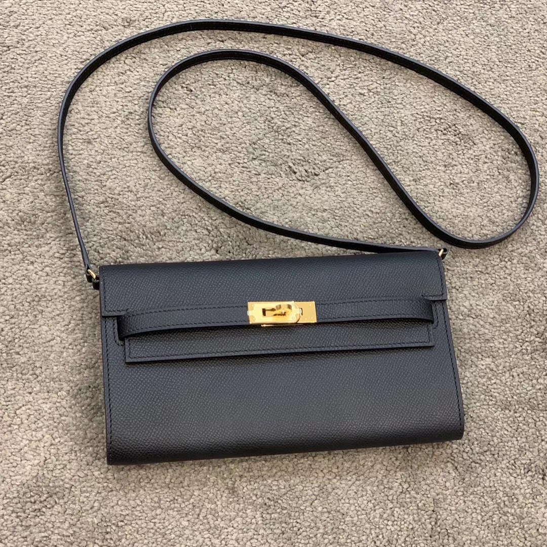HERMES Kelly Classique To Go 长肩带钱包 Epsom皮 黑金 现货