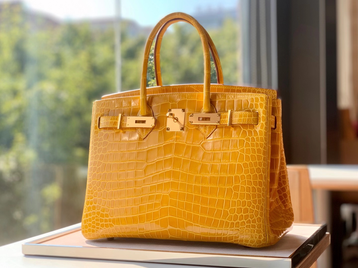 HERMES 爱马仕 铂金包 Birkin  爱马仕官网现货 Bk 25高光鳄鱼皮 琥珀黄
