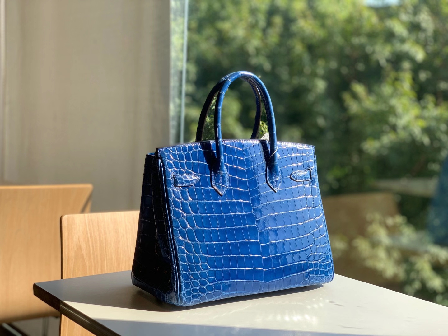 HERMES 爱马仕 铂金包 Birkin  爱马仕官网现货 Bk 25高光鳄鱼皮 鸭子蓝