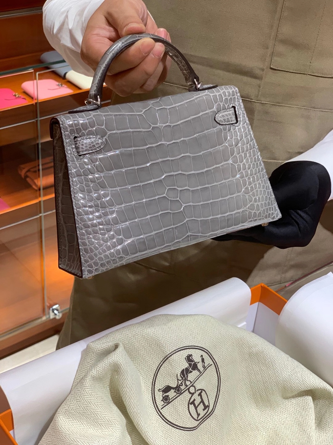 HERMES Kelly 二代鳄鱼 银河灰 金扣银扣 可定制 纯手工
