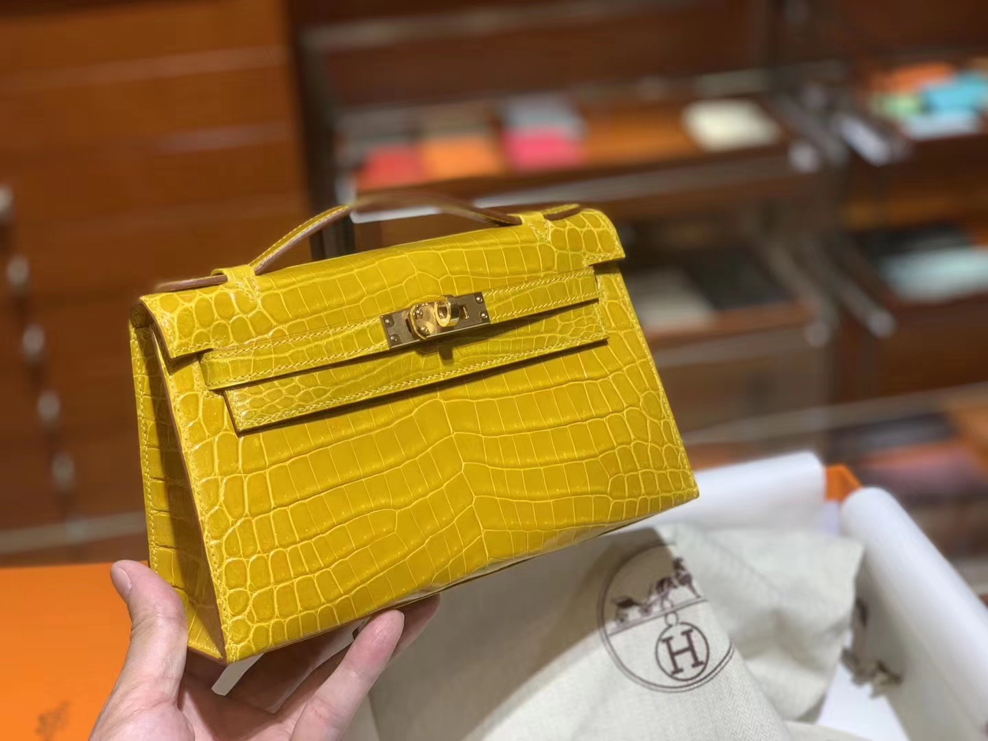 HERMES Kelly Pochette 一代鳄鱼 金扣 银扣 可接受定制 琥珀黄