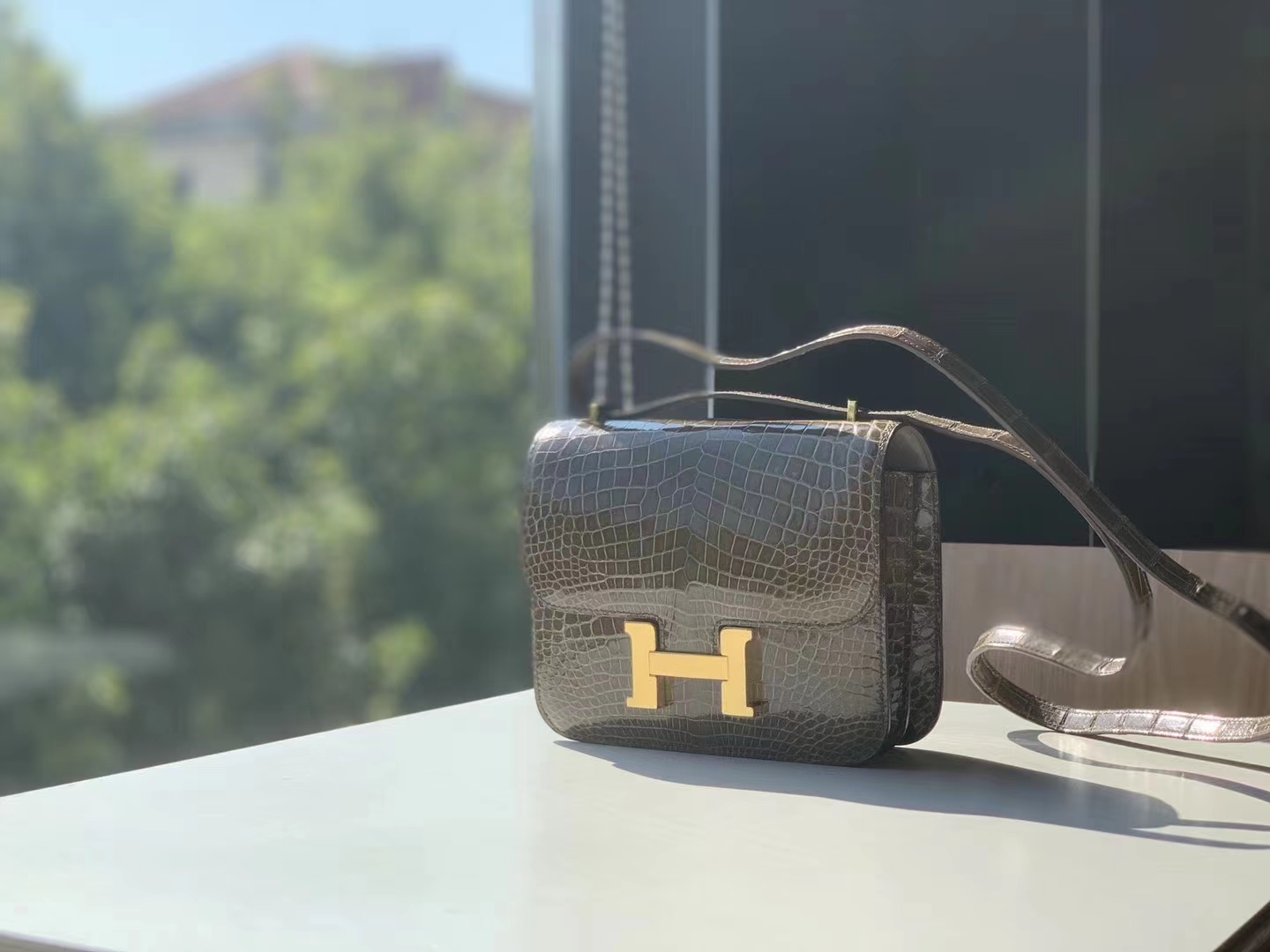 HERMES 康康 空姐包 Constance 鳄鱼 金扣 银扣 可接受定制 沥青灰
