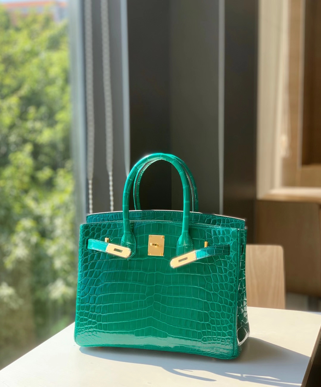 HERMES 爱马仕 铂金包 Birkin  爱马仕官网现货 Bk 25高光鳄鱼皮 丝绒绿